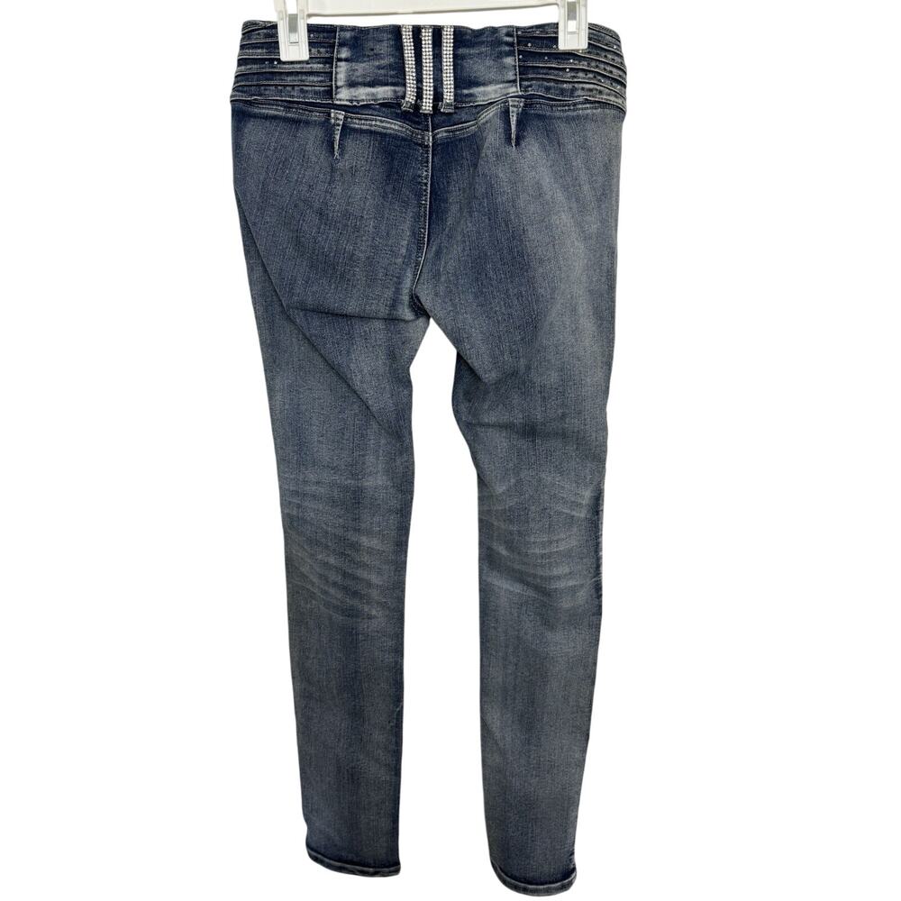 Y2K Low Rise Bare Back Bling Rhinestone Denim Jeans 7/8 2000s Whiskering Grunge